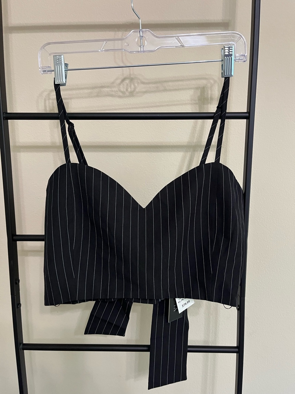 NWT Gracia Black Pinstripe Structured Bustier Crop Top Bow Back Size Large Sleek